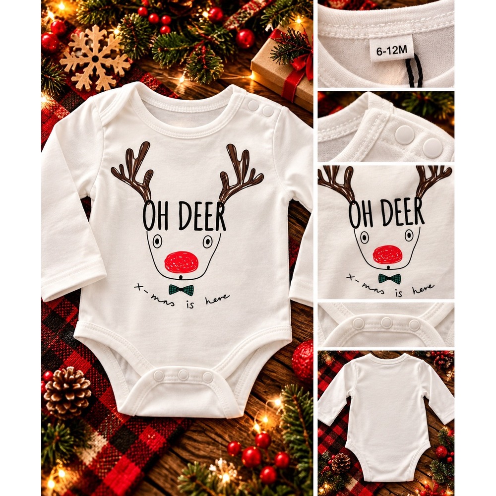 NWOT Baby Christmas Bodysuit 6-12M Oh Deer Reindeer Xmas Long Sleeve